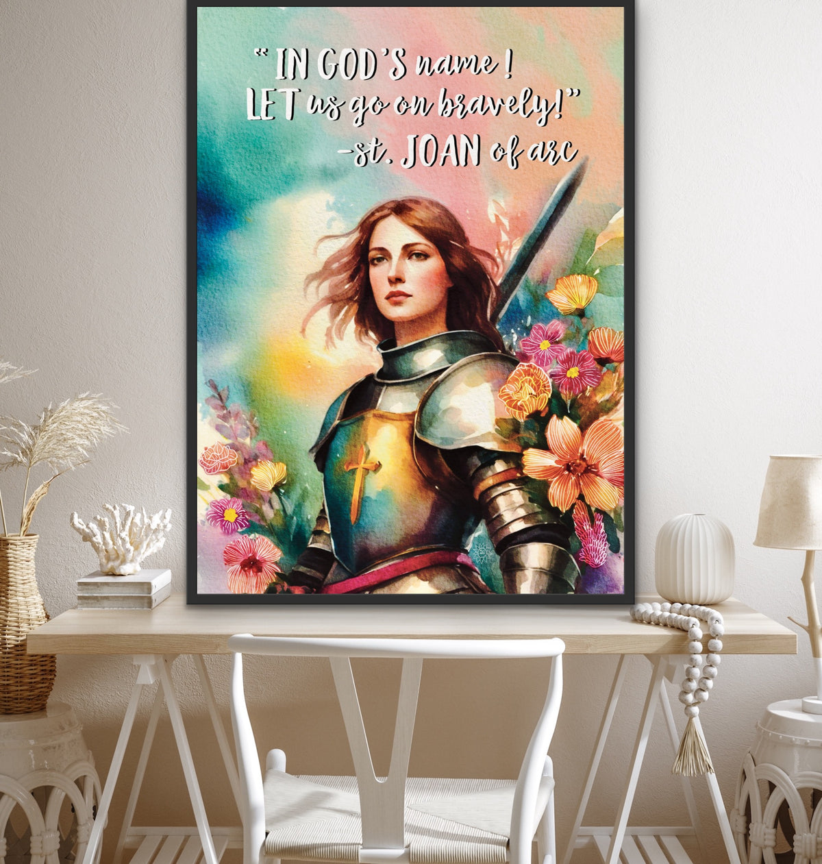 Saint Joan of Arc depicted in a dramatic historical canvas art print, framed in an extra large 36 x 48-inch black floating frame, wearing armor and holding a sword.
