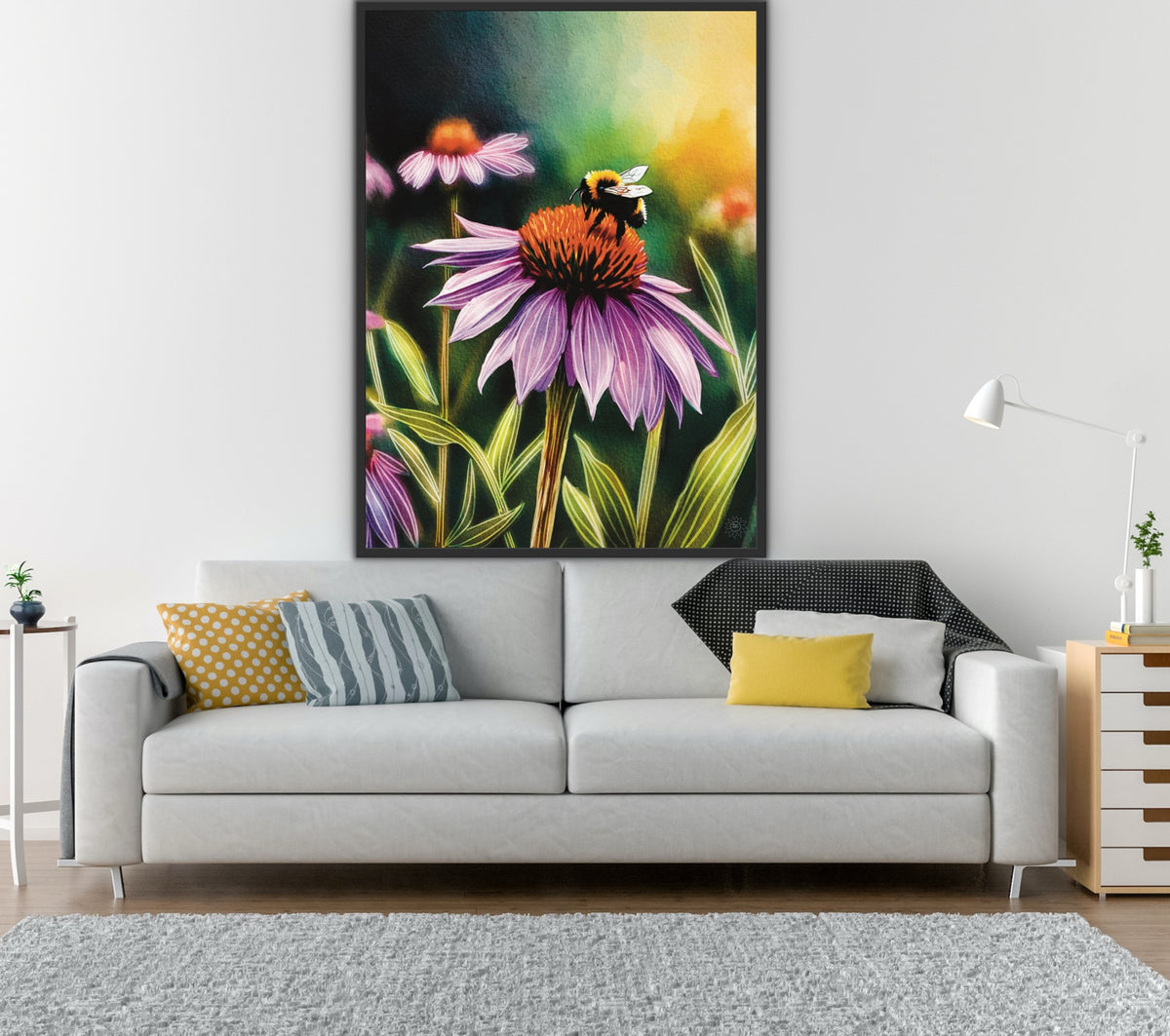 Purple Cone Flower with Bee – Extra large framed in a black floating frame Canvas Art Print.