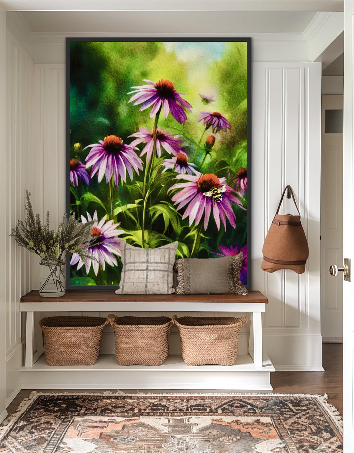 Cone Flowers with Bee – Extra large 36 x 48 framed with a black floating frame Canvas Art Print.