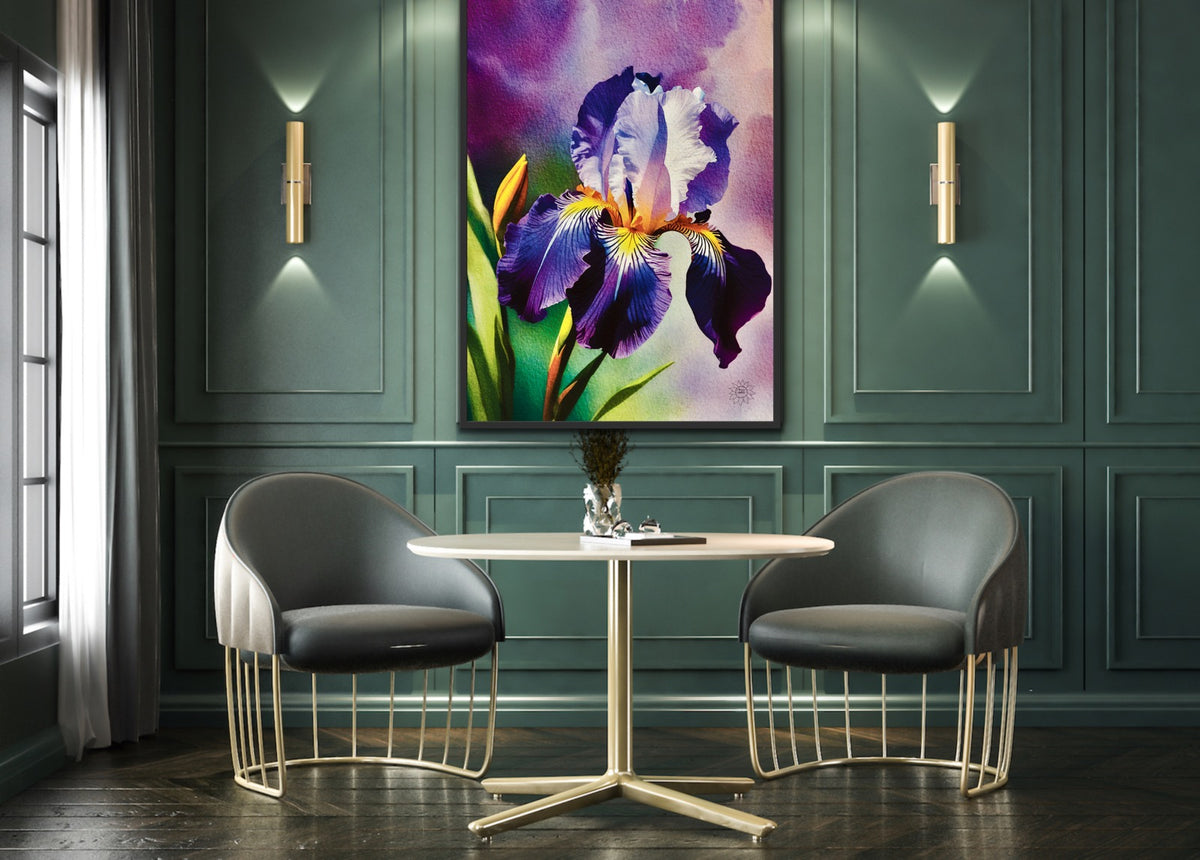 Purple Iris – Canvas Art Print. Extra large 36 x 48 framed in a black floating frame print.