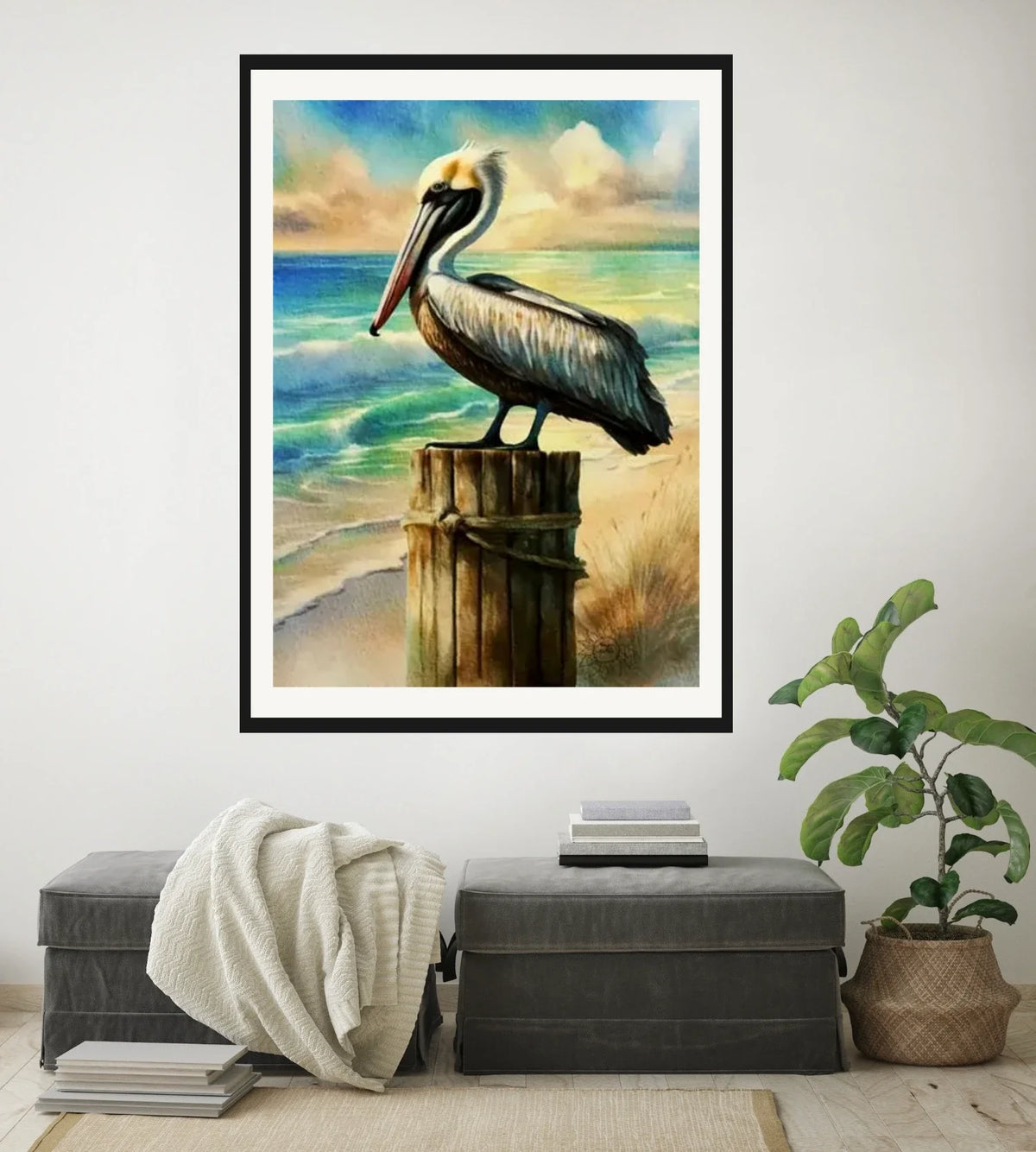 Bali the Brown Pelican - extra large 36 x 48 matted and framed art print shown hanging on a wall