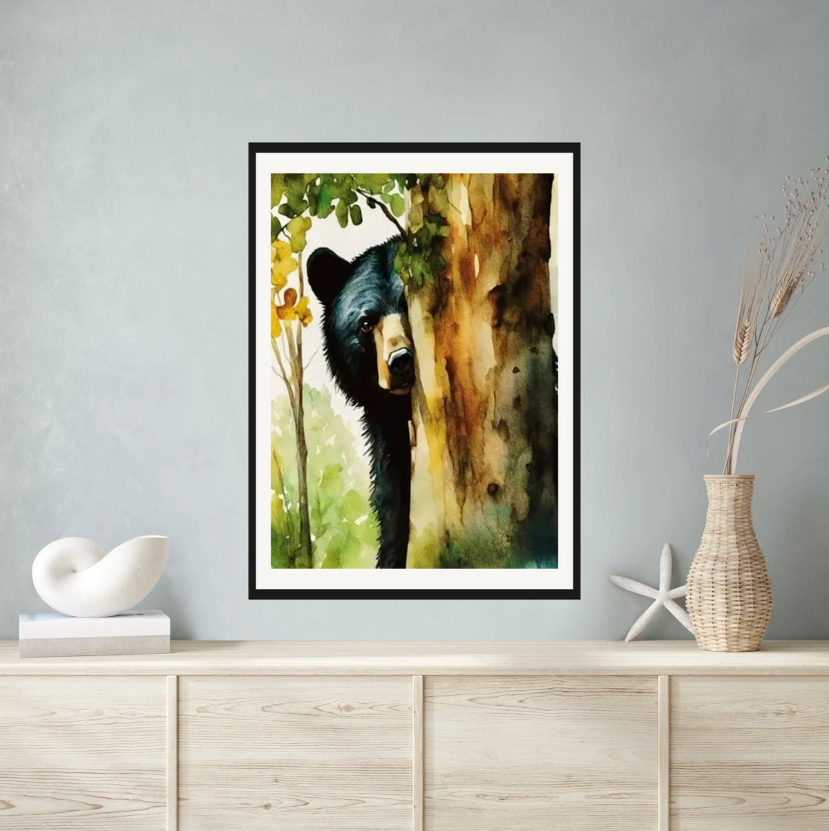 Black Bear Peeking from Behind a Tree in Fall - extra large 36 x 48 matted and framed art print shown hanging on a wall