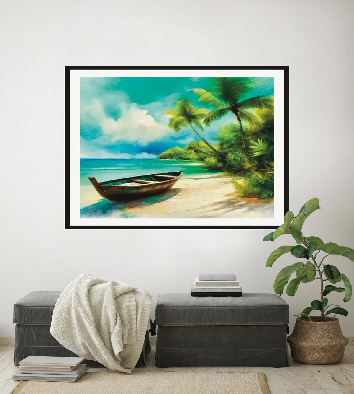 Beached Boat on Sand - extra large 36 x 48 matted and framed art print shown hanging on a wall