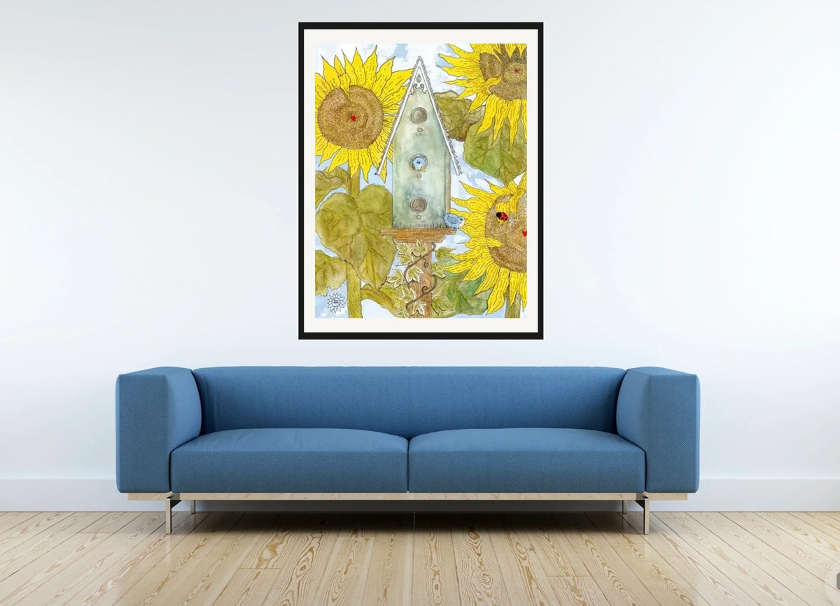 Birdhouse and Sunflowers - extra large 36 x 48 matted and framed art print shown hanging on a wall