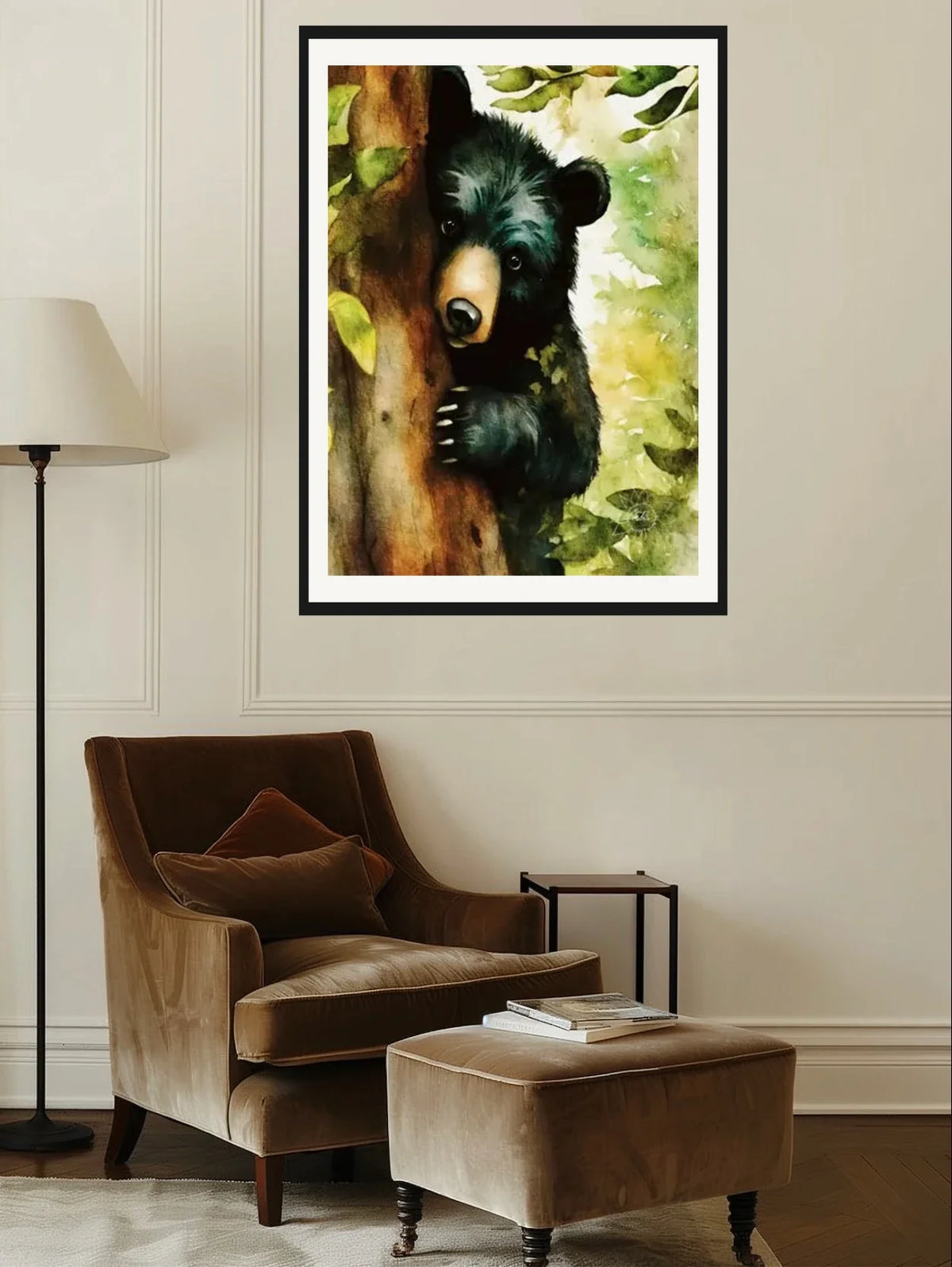 Black Bear Cub Peeking out from Behind a Tree - extra large 36 x 48 matted and framed art print shown hanging on a wall