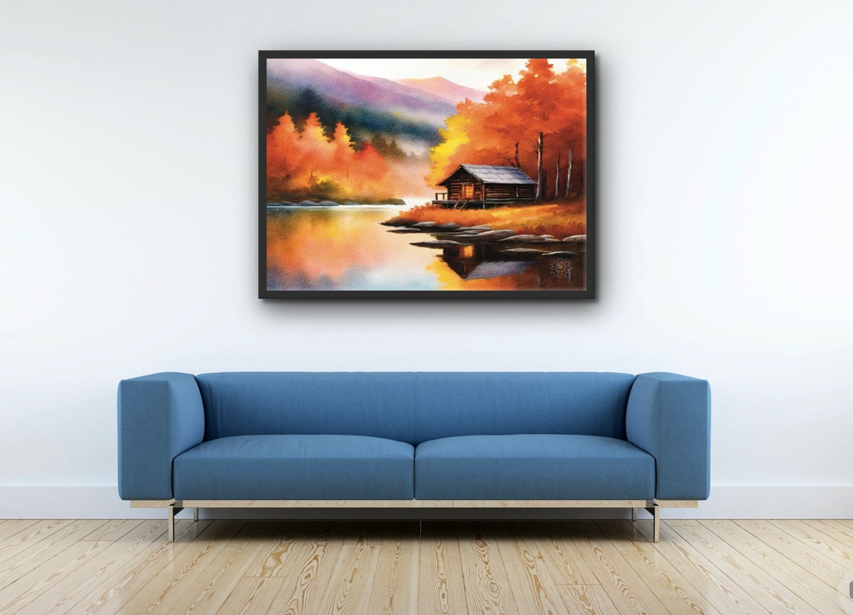 Cabin Fall - extra large 36 x 48 framed art print shown hanging on a wall