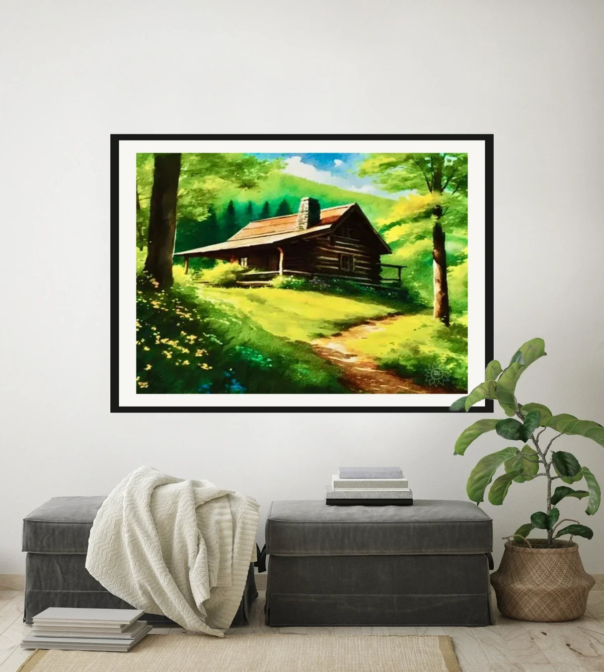 Cabin Summer - extra large 36 x 48 matted and framed art print shown hanging on a wall