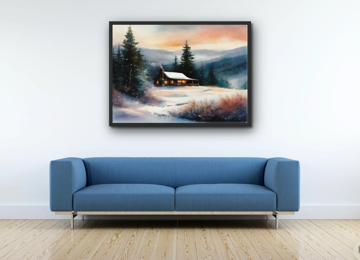 Cabin Winter - extra large 36 x 48 framed art print shown hanging on a wall