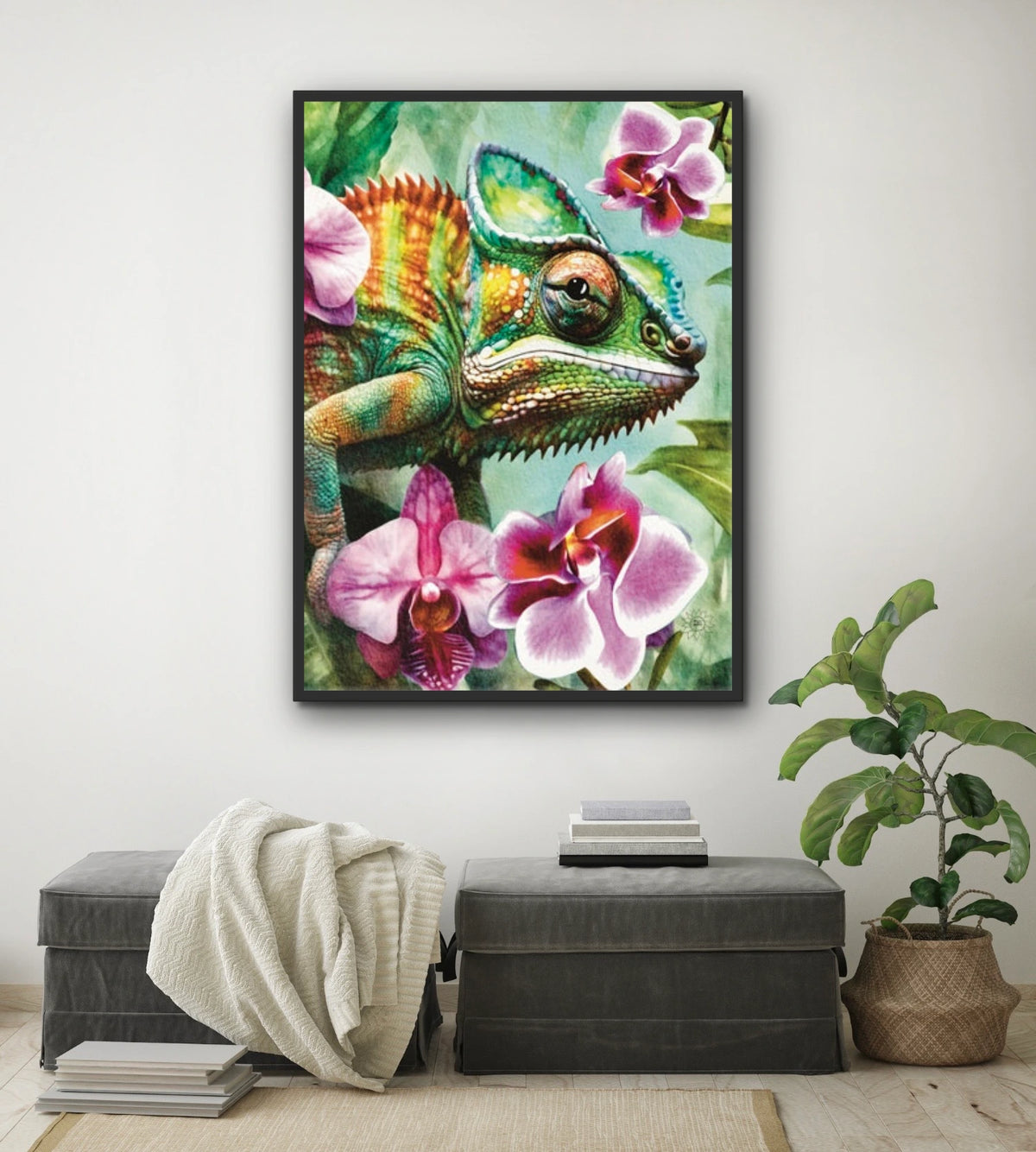 Cam the Chameleon - extra large 36 x 48 framed art print shown hanging on a wall
