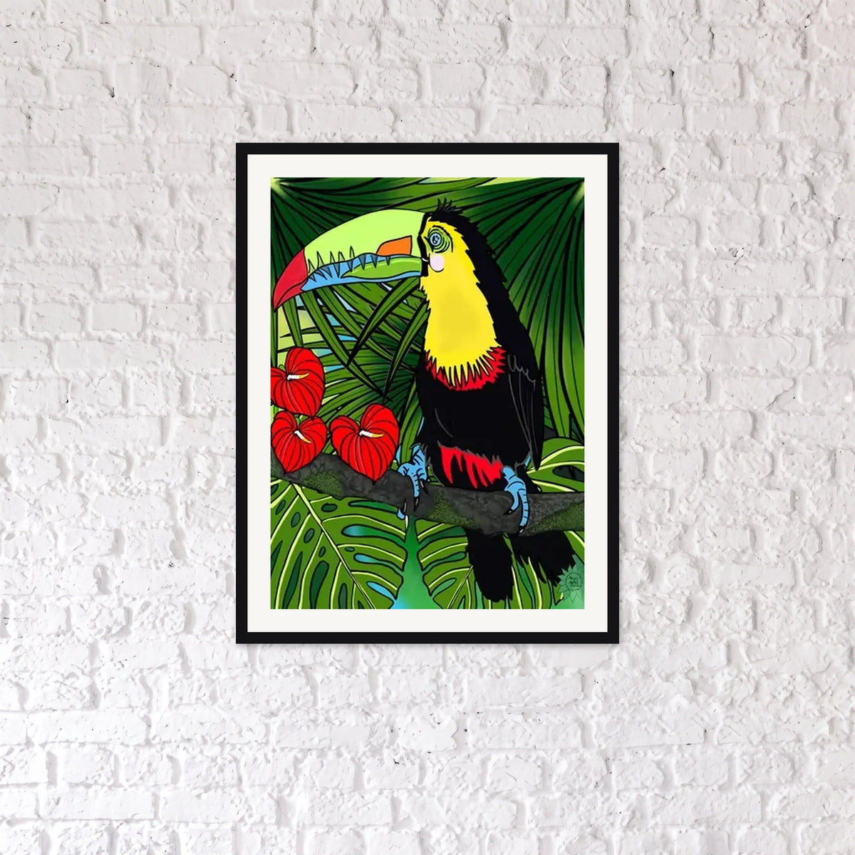 This is an extra large 36 x 48 matted and framed watercolor art print of a toucan perched among tropical leaves and red anthuriums. Created by professional artists, this high-quality watercolor print on textured matte paper adds a touch of character to any home or office decor.