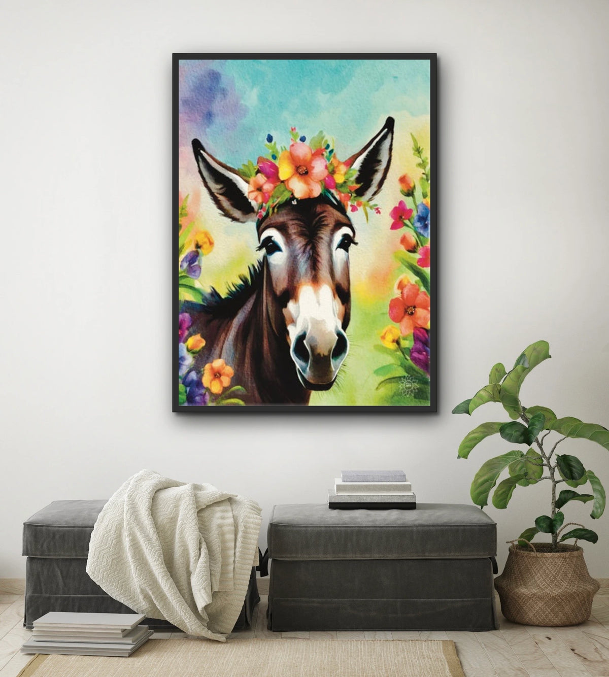 Cleo the Donkey - extra large 36 x 48 framed art print shown hanging on a wall