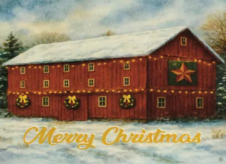 Christmas card with a red barn decorated with lights and wreaths, set against a snowy landscape.