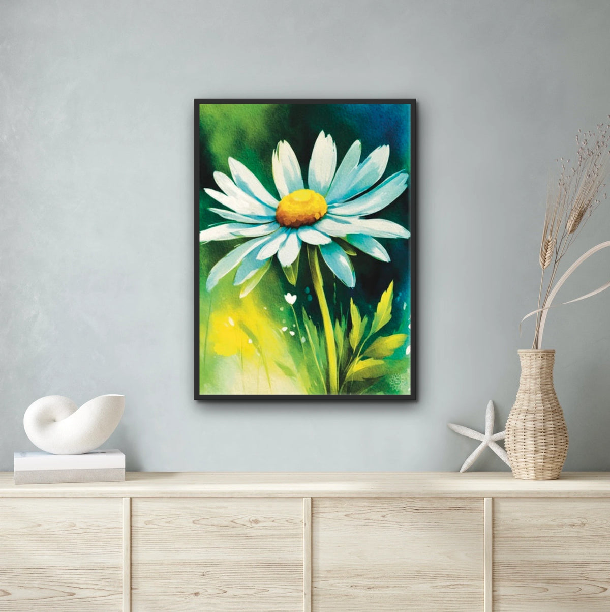 Daisy - extra large 36 x 48 framed art print shown hanging on a wall