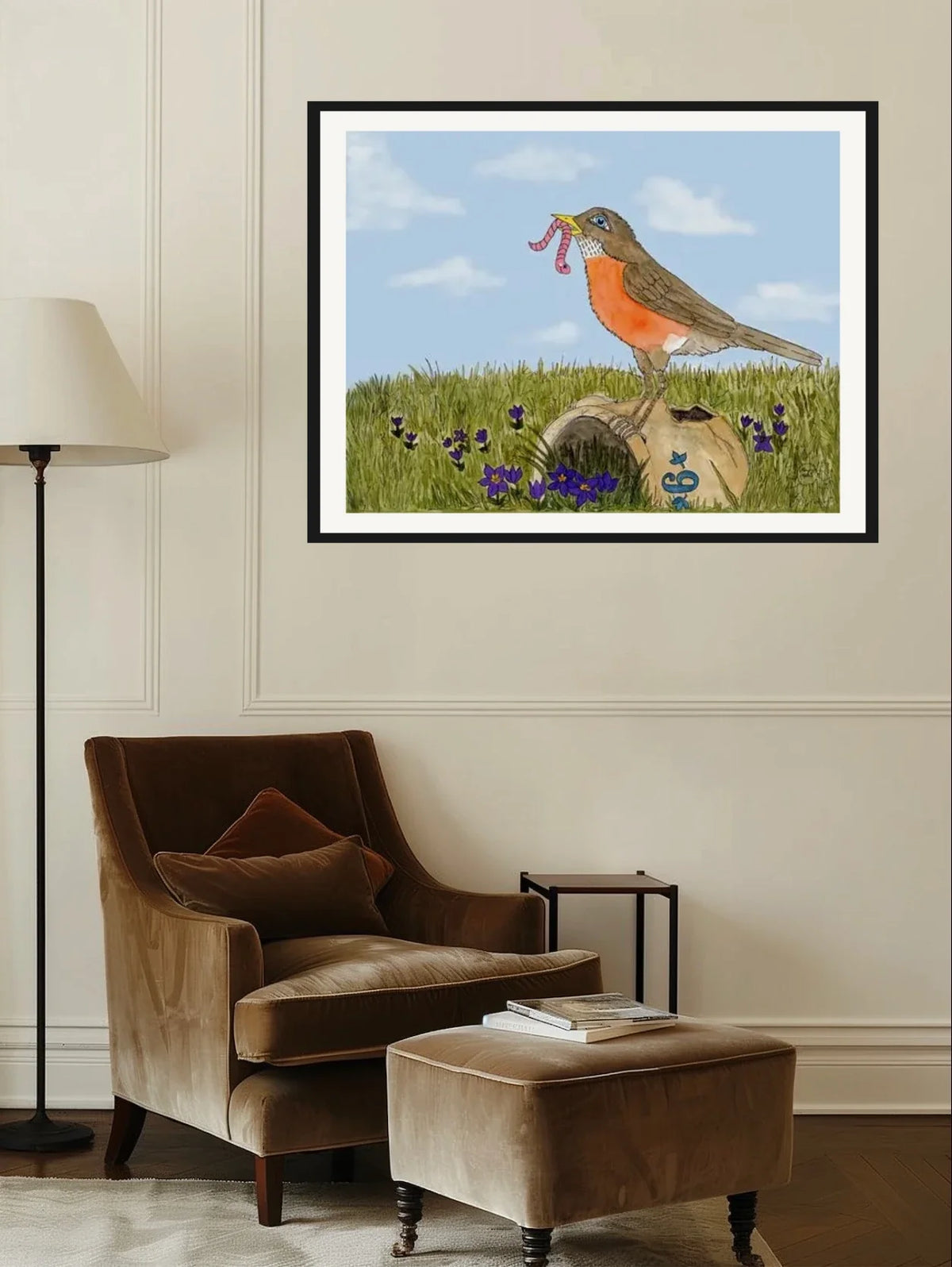Early Bird Gets the Worm - extra large 36 x 48 matted and framed art print shown hanging on a wall