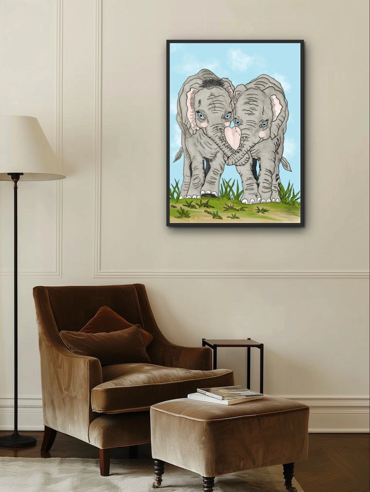 Elephant Love - extra large 36 x 48 framed art print shown hanging on a wall