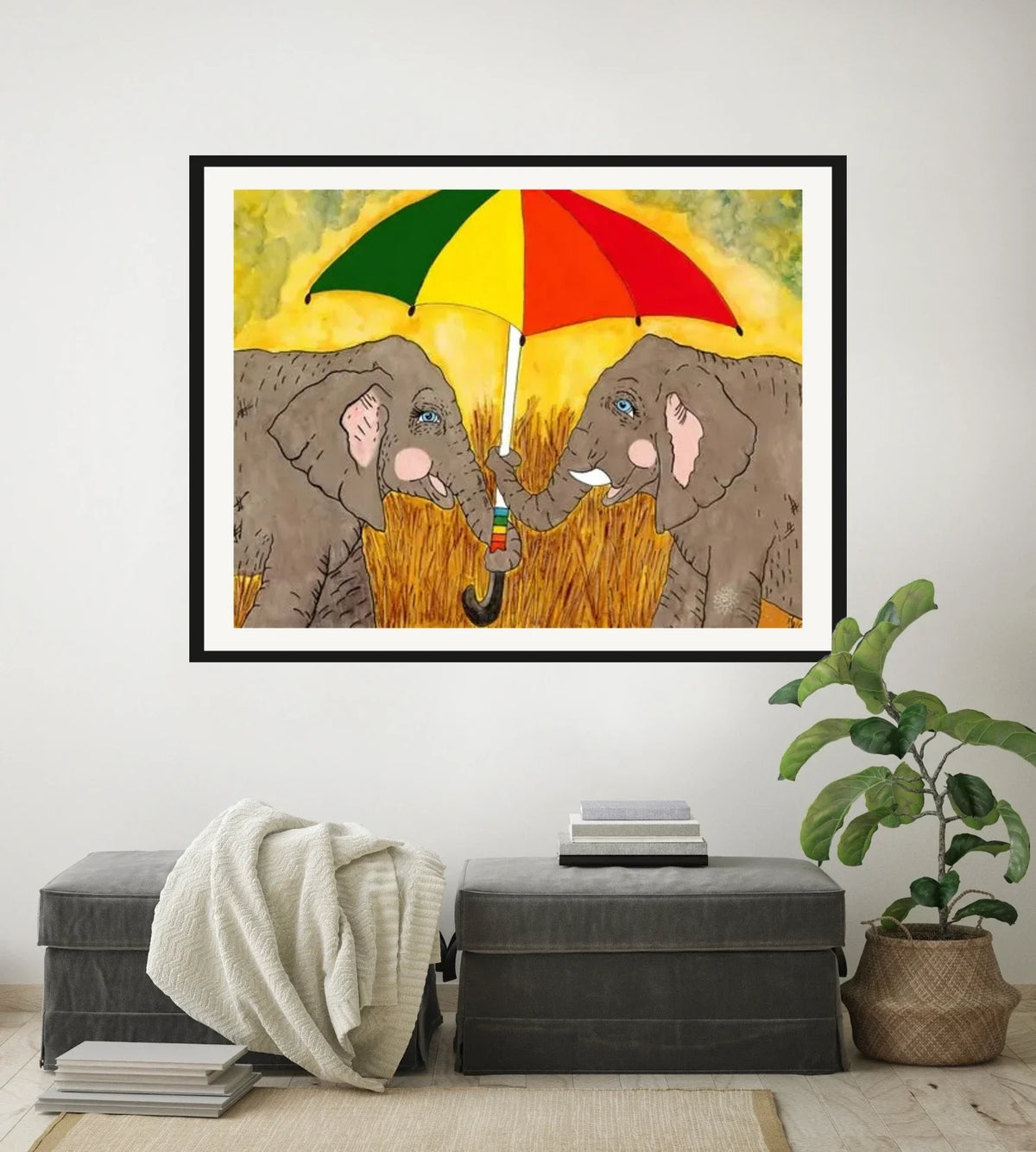 Elephant with Umbrella - extra large 36 x 48 matted and framed art print shown hanging on a wall