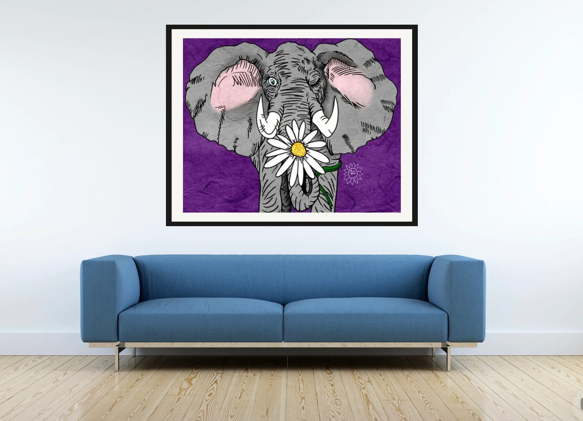 Eli Elephant - extra large 36 x 48 matted and framed art print shown hanging on a wall