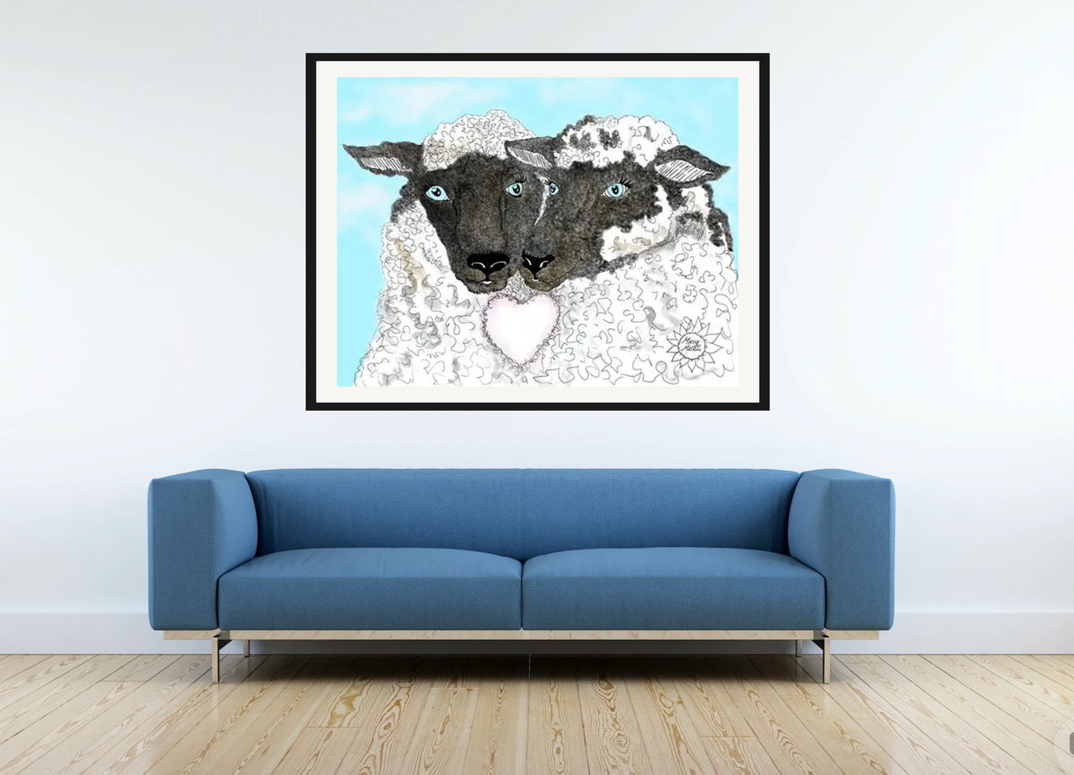 Ewe Luv - extra large 36 x 48 matted and framed art print shown hanging on a wall