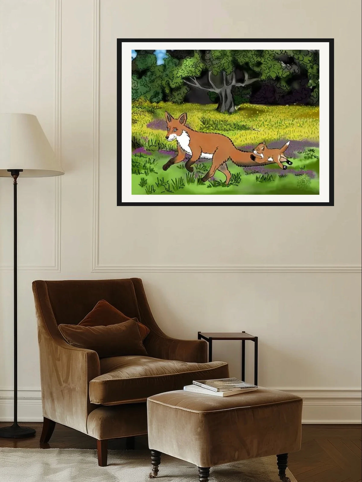 Fairen and Jamie Fox - extra large 36 x 48 matted and framed art print shown hanging on a wall