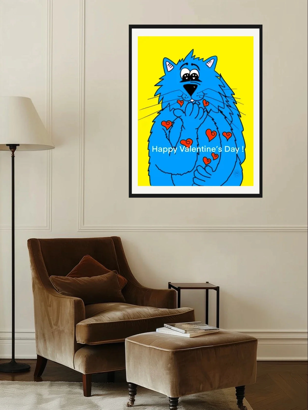 Fat Cat Blowing Kisses - extra large 36 x 48 matted and framed art print shown hanging on a wall