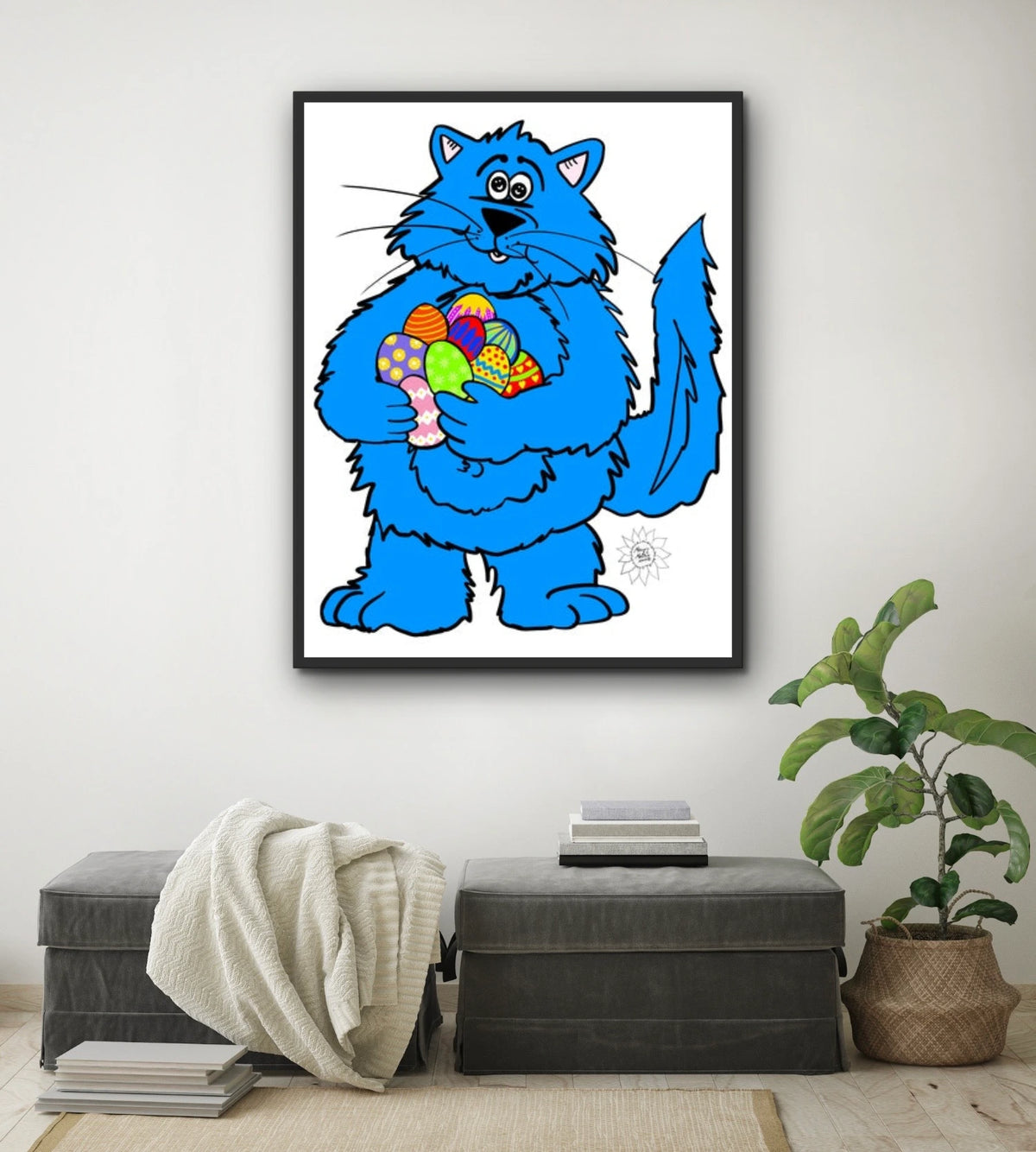Fat Cat Easter - extra large 36 x 48 framed art print shown hanging on a wall