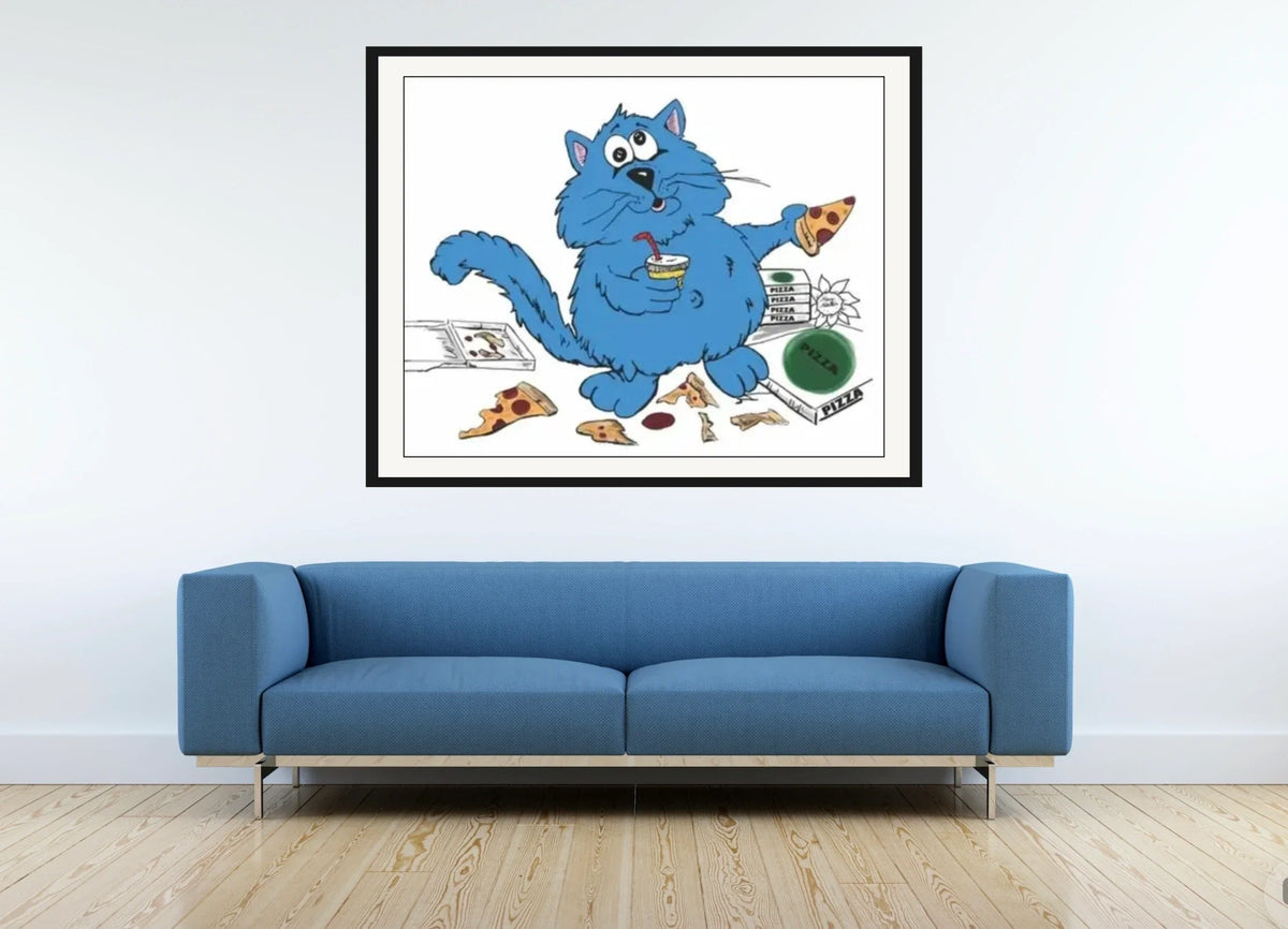 Fat Cat Hungry 2 - extra large 36 x 48 matted and framed art print shown hanging on a wall