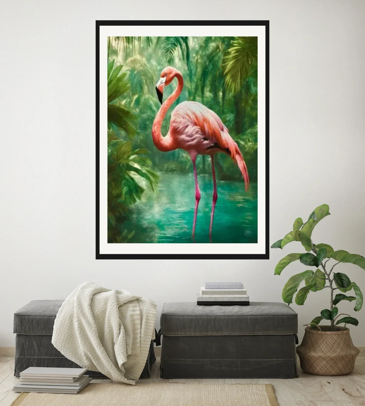 Flora the Flamingo - extra large 36 x 48 matted and framed art print shown hanging on a wall
