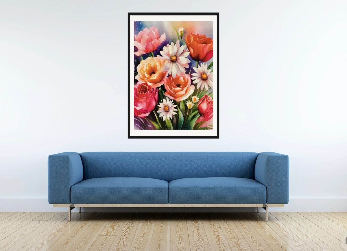 Floral Bouquet - extra large 36 x 48 matted and framed art print shown hanging on a wall