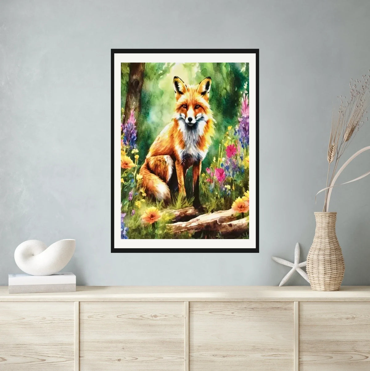 Fox in Forest - extra large 36 x 48 matted and framed art print shown hanging on a wall