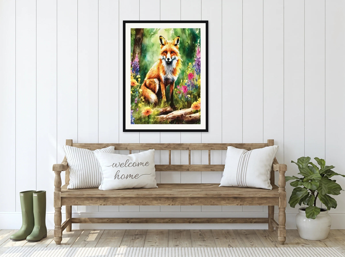 This is an extra large 36 x 48 matted and framed watercolor art print of a red fox standing on a mossy log in a flowering forest. Created by professional artists, this high-quality watercolor print on textured matte paper adds a touch of character to any home or office decor.