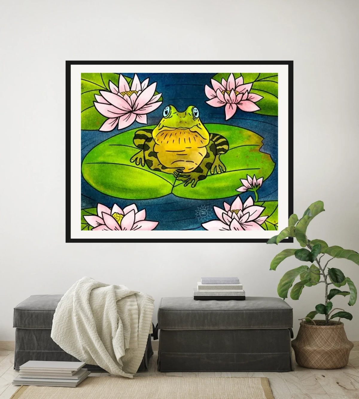 Fredrick the Bullfrog - extra large 36 x 48 matted and framed art print shown hanging on a wall