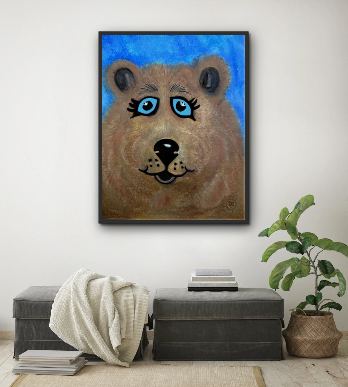 Fuzzy The Bear - extra large 36 x 48 framed art print shown hanging on a wall
