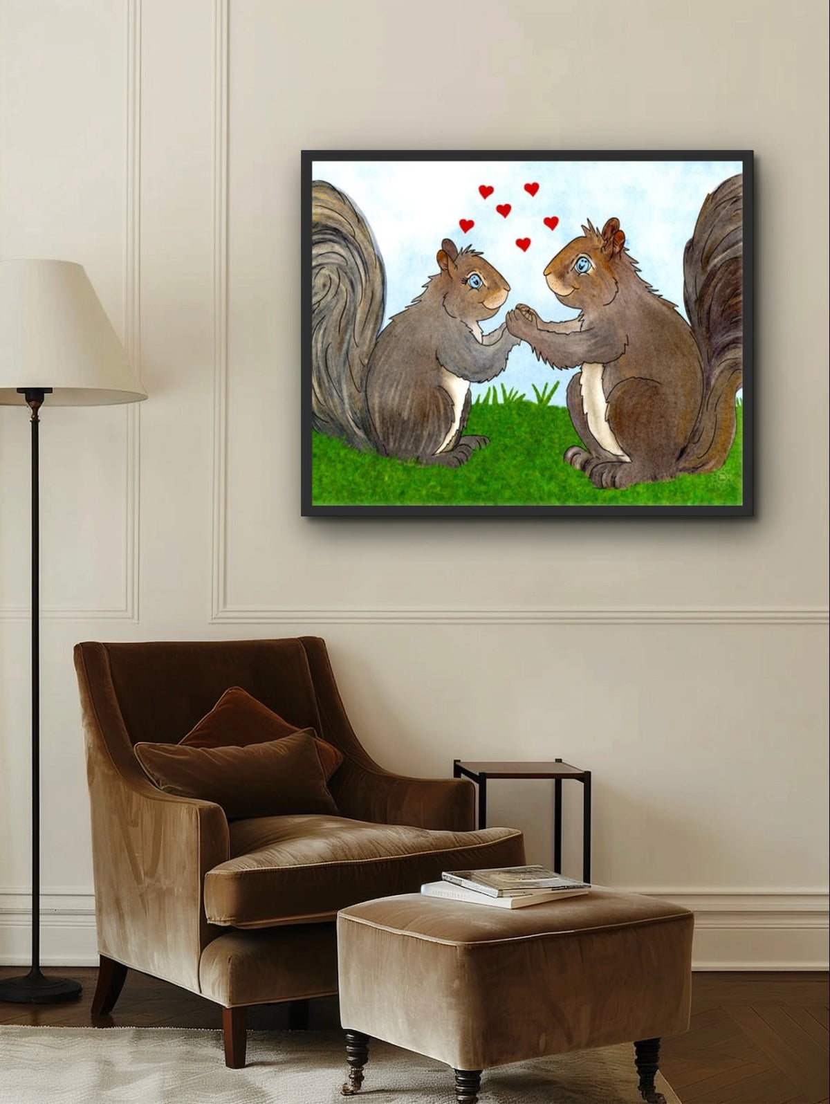 Gemma and West Squirrel - extra large 36 x 48 framed art print shown hanging on a wall