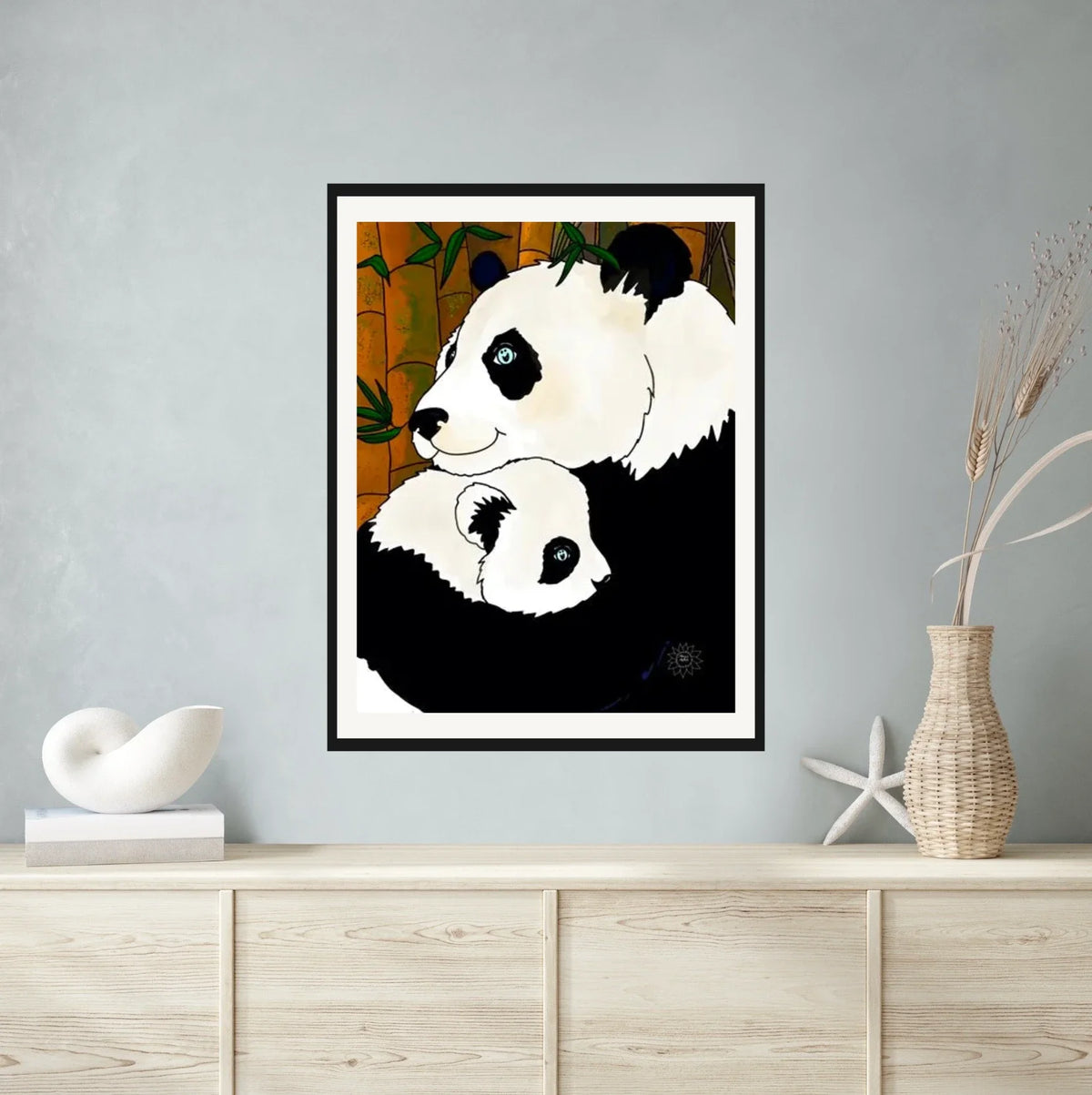 Ginger And Koi Panda - extra large 36 x 48 matted and framed art print shown hanging on a wall