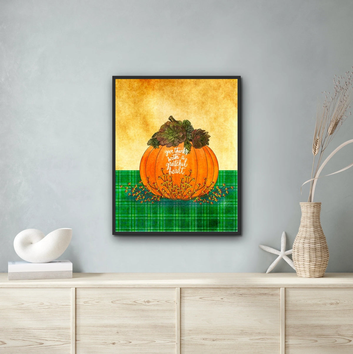 Give Thanks - extra large 36 x 48 framed art print shown hanging on a wall