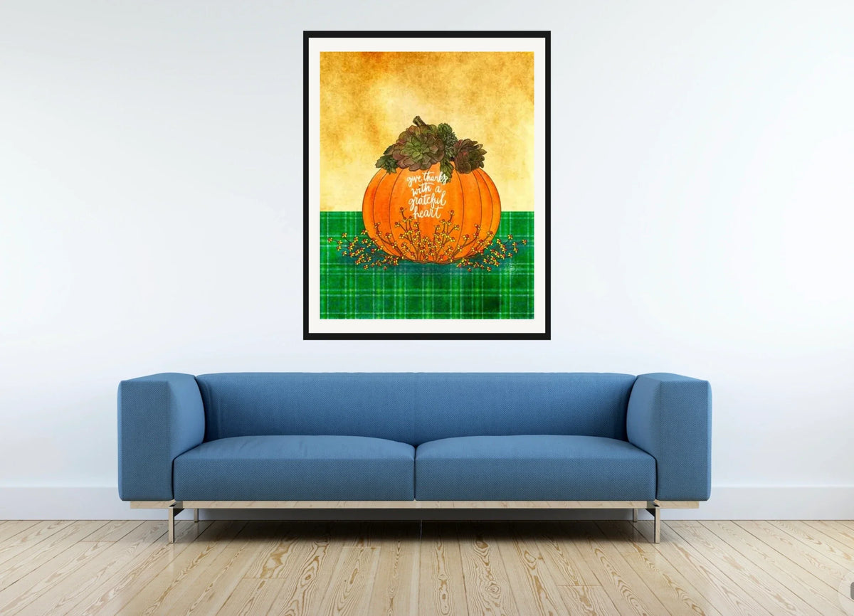 Give Thanks - extra large 36 x 48 matted and framed art print shown hanging on a wall