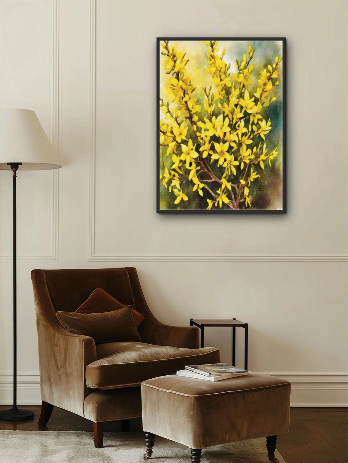Golden Forsythias Bush - extra large 36 x 48 framed art print shown hanging on a wall