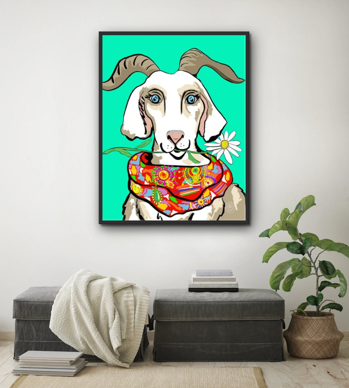 Gretchen The Goat - extra large 36 x 48 framed art print shown hanging on a wall