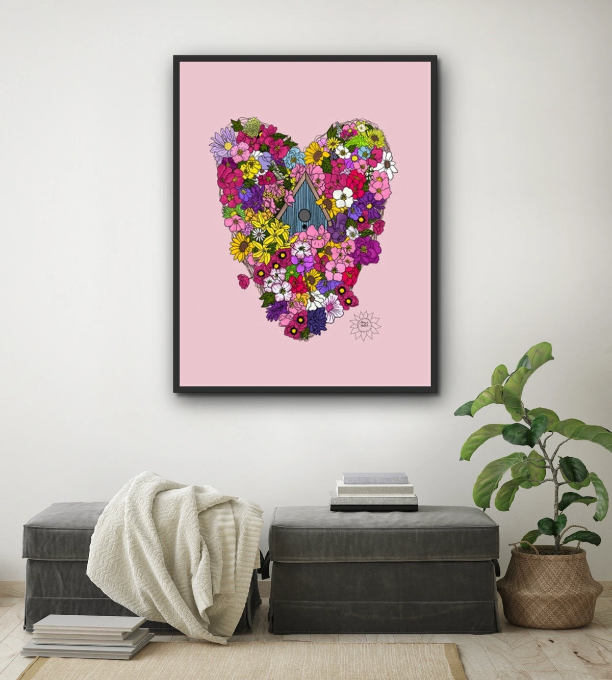 Heart With Birdhouse - extra large 36 x 48 framed art print shown hanging on a wall