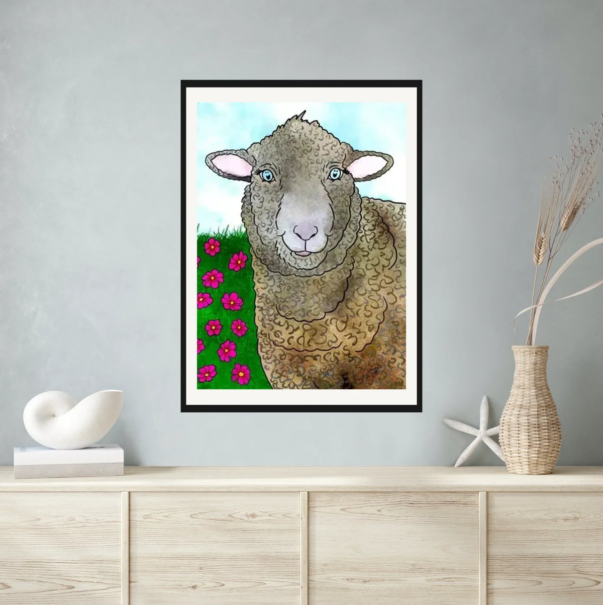 Heather the Polypay Sheep - extra large 36 x 48 matted and framed art print shown hanging on a wall