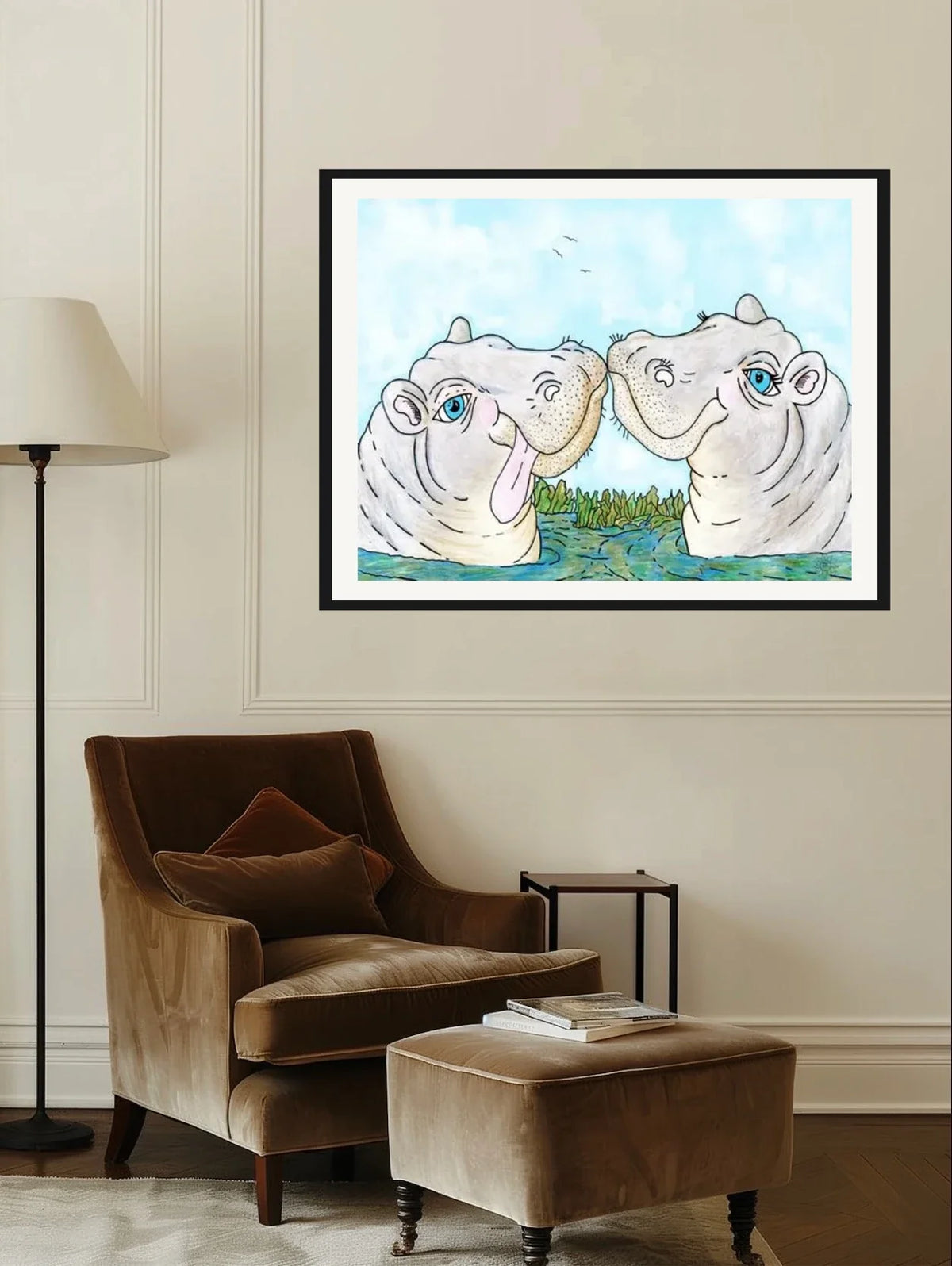 Hippo Luv - extra large 36 x 48 matted and framed art print shown hanging on a wall