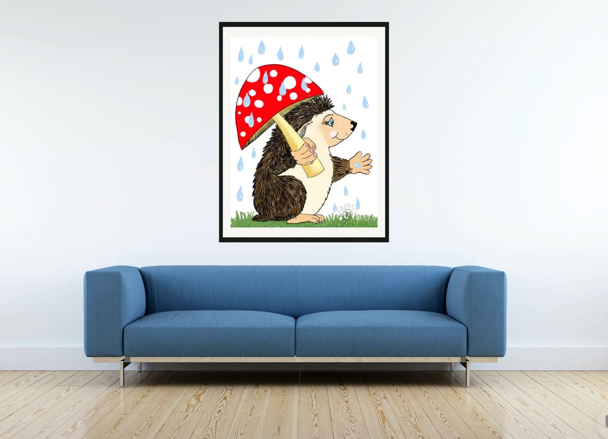 Hoban The Hedgehog - extra large 36 x 48 matted and framed art print shown hanging on a wall