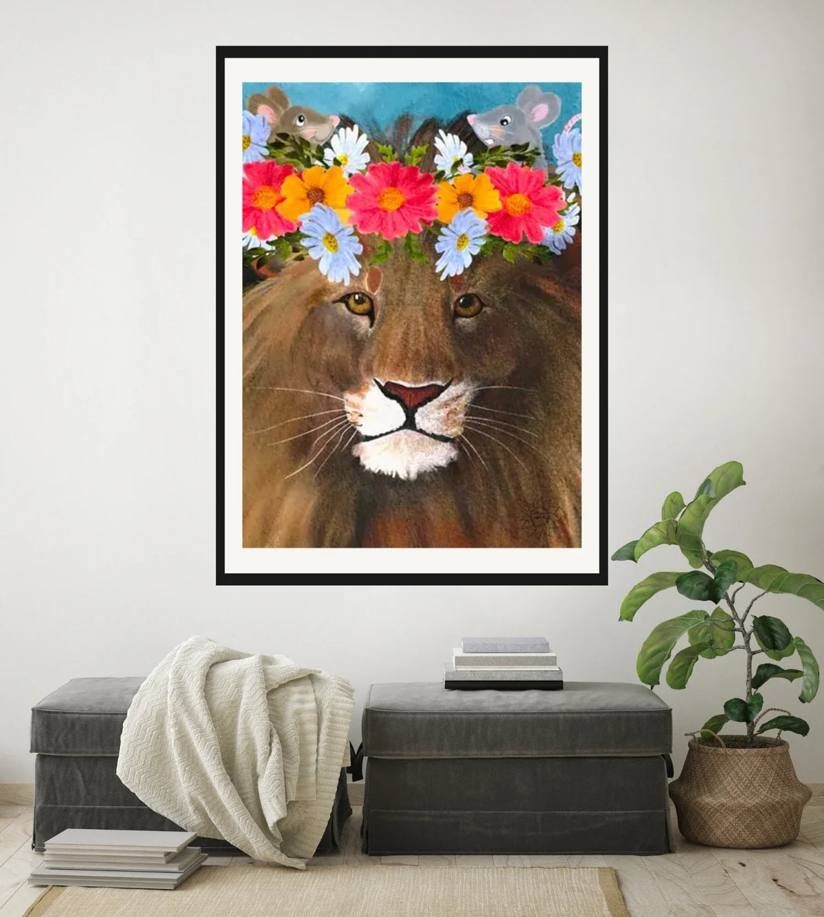 Jeremiah's Magical Crown - extra large 36 x 48 matted and framed art print shown hanging on a wall