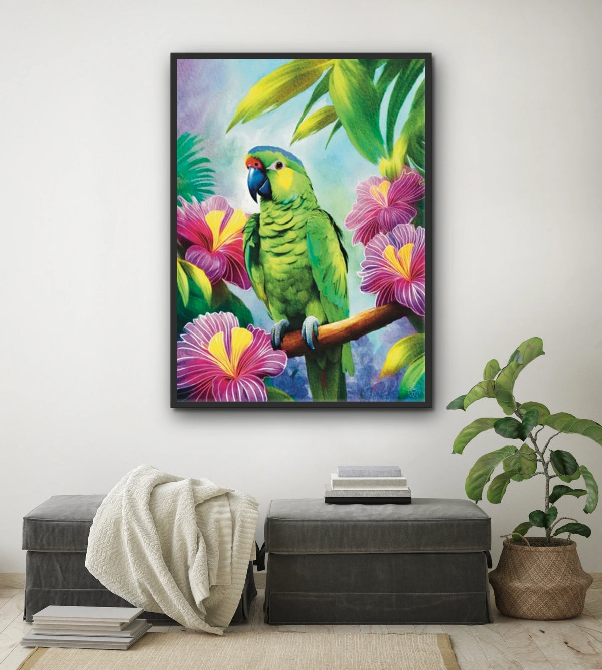 Lilac Crowned Parrot - extra large 36 x 48 framed art print shown hanging on a wall