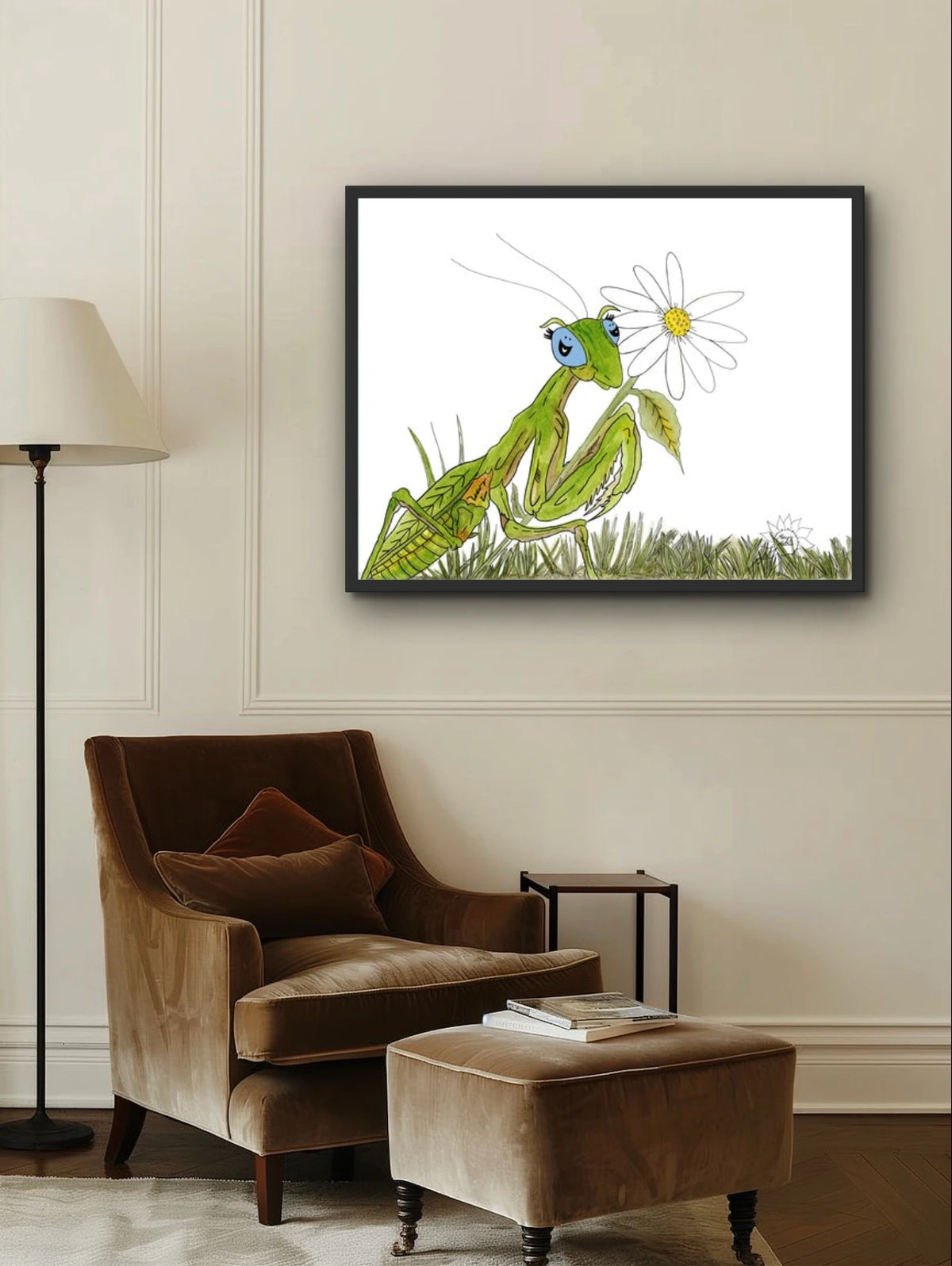 Manny The Praying Mantis - extra large 36 x 48 framed art print shown hanging on a wall