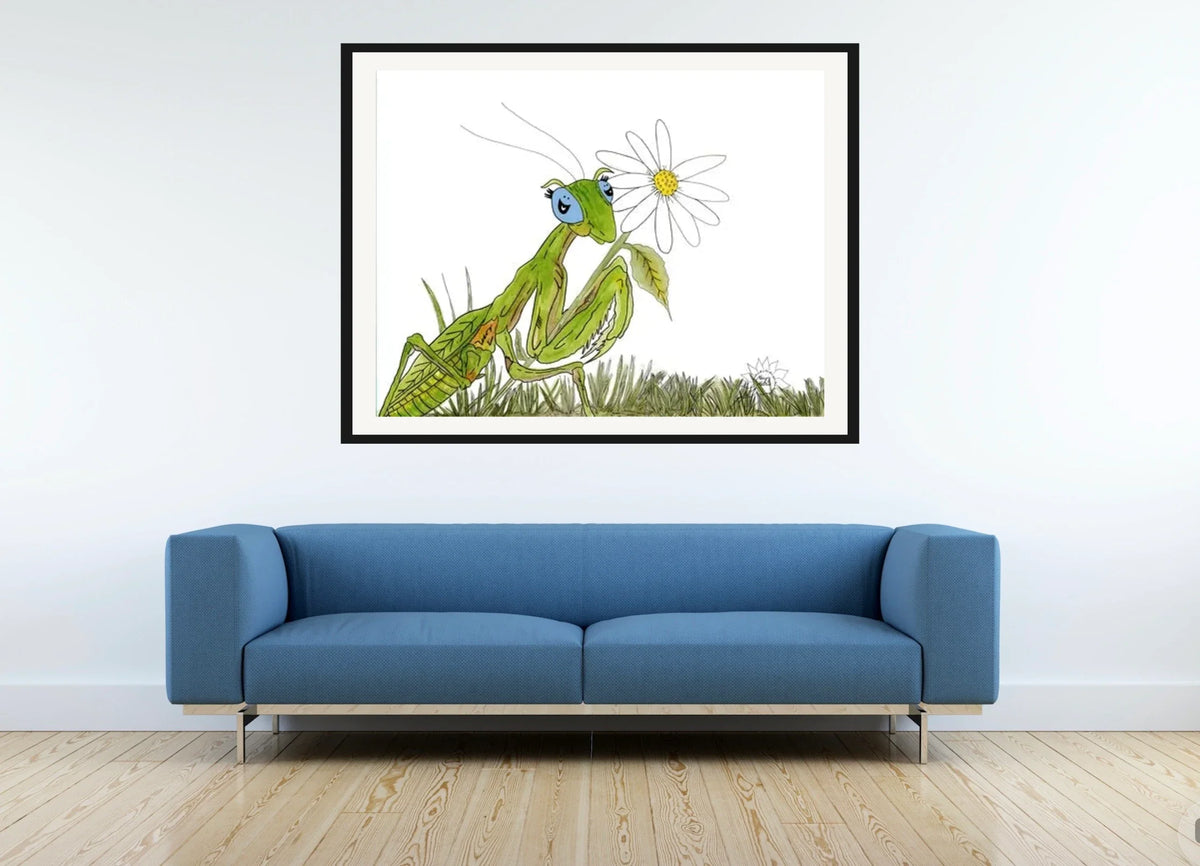 Manny The Praying Mantis - extra large 36 x 48 matted and framed art print shown hanging on a wall