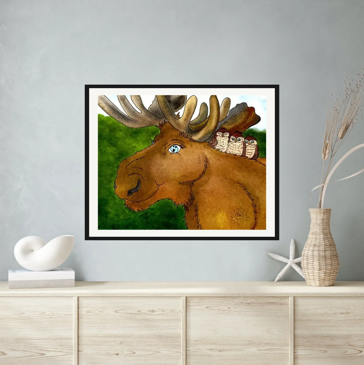 Meredith Moose and Friends - extra large 36 x 48 matted and framed art print shown hanging on a wall