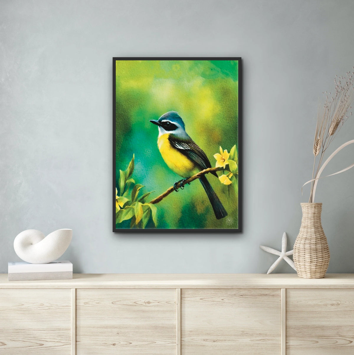 Mexican Social Flycatcher - extra large 36 x 48 framed art print shown hanging on a wall