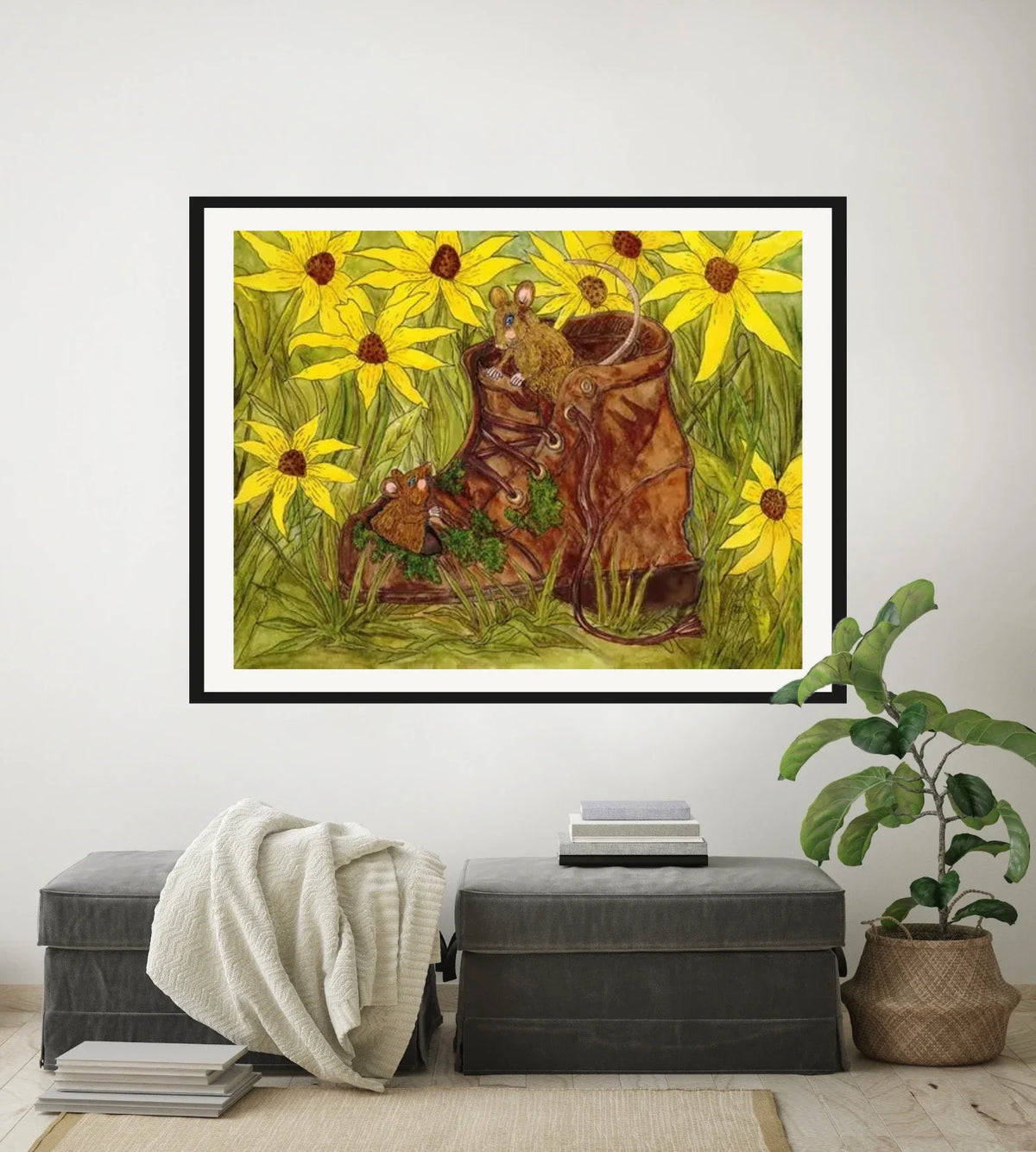 Mice in a Boot - extra large 36 x 48 matted and framed art print shown hanging on a wall