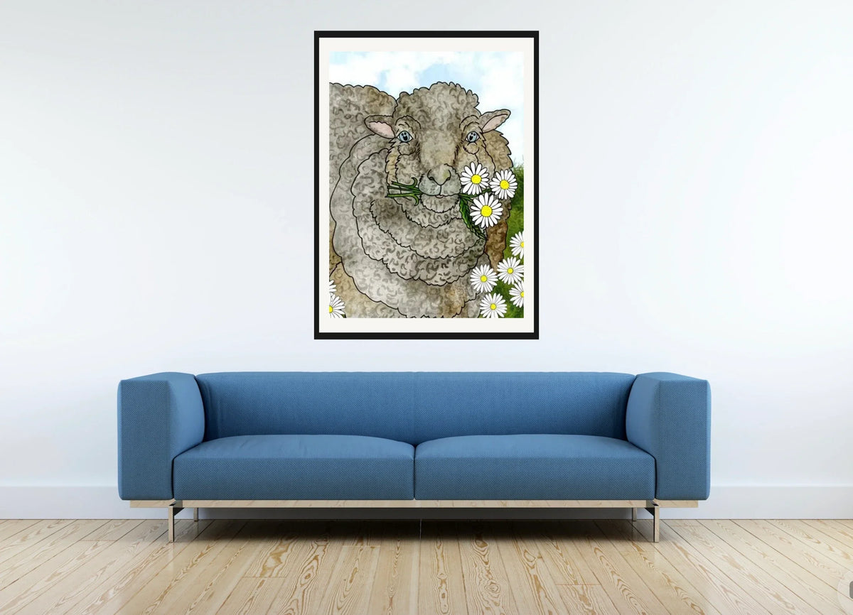 Mocha the Sheep - extra large 36 x 48 matted and framed art print shown hanging on a wall